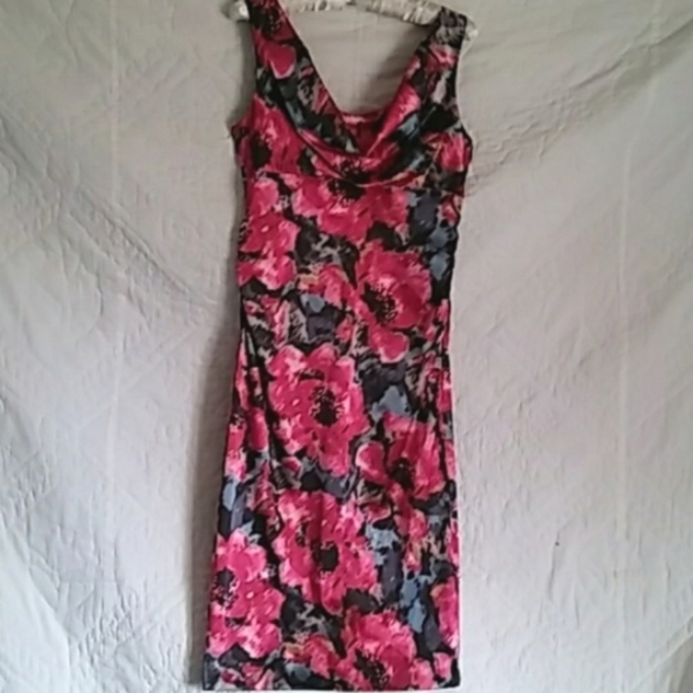 Maggy London Sleeveless Dress V Cowl Neckline  Empire Waist Floral Print Size 8
